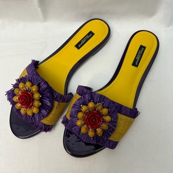 Dolce & Gabbana Purple Yellow Red Embellished Slide Sandals - Picture 2 of 3